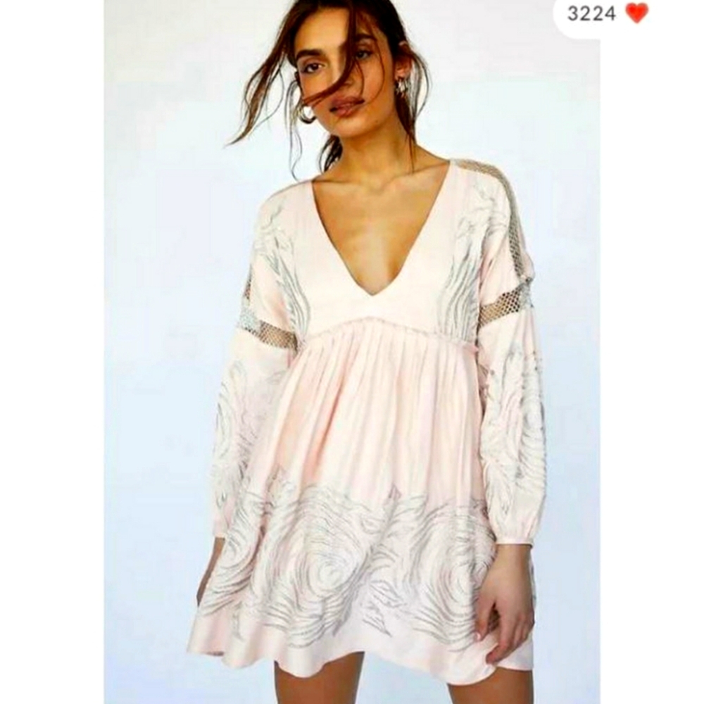 Free People Women's Pink Silver Embroidered Starlight Mini Dress Size Medium